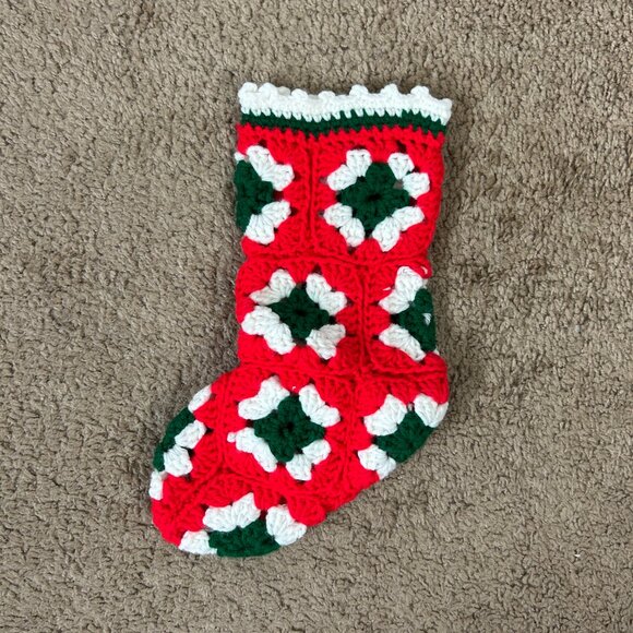 Handmade Crocheted Granny Square Christmas Stocking Vintage - Picture 2 of 3